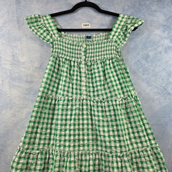 Old Navy Womens Green Gingham Smocked Tiered Midi Dress Flutter Sleeve Medium - Picture 4 of 8